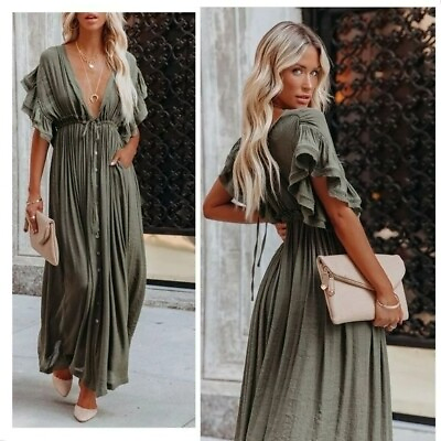 Boho summer lounge beach tunic coverup one size button front flutter sleeve $39.42