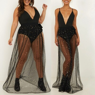 #ad Ladies Tulle Skirt Long Mesh Sheer Sequins Paillette Side Slit Black Night Club $11.94