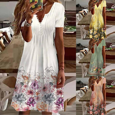 #ad Women#x27;s V Neck Summer Dress Holiday Dress A Line Midi Dress Beach Dress Casual $5.56