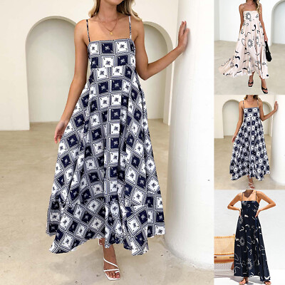 #ad Women#x27;s Sexy Print Maxi Dress Summer Ladies Holiday Beach Strappy Cami Sundress $26.09