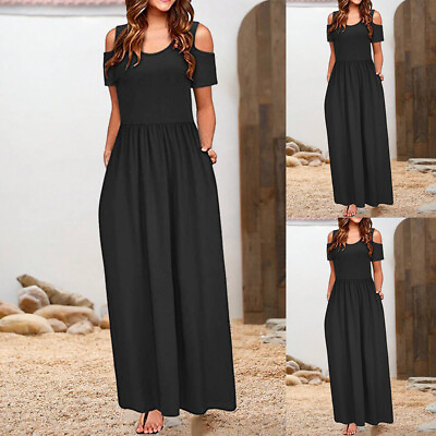 #ad Sexy Womens Cold Shoulder Slim Solid Long Maxi Dresses Ladies Ruffled Sundresses $31.49