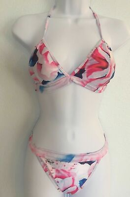 #ad Abstract Floral Bikini Skimpy Bottoms Halter Tie Top Vibrant White Large 53 $9.95
