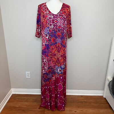 #ad Soft Surroundings Maxi Dress Short Sleeve Pink Red Boho Print V Neck Size 1X $34.99