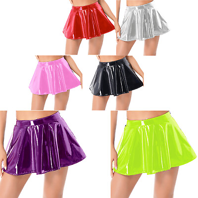 #ad US Womens High Waist PU Leather Pleated Short Skater Skirt Flared Mini Skirts $15.00