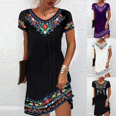 #ad Plus Size Womens Boho Floral Shift Dress Summer Holiday Casual Loose Midi Dress $17.56