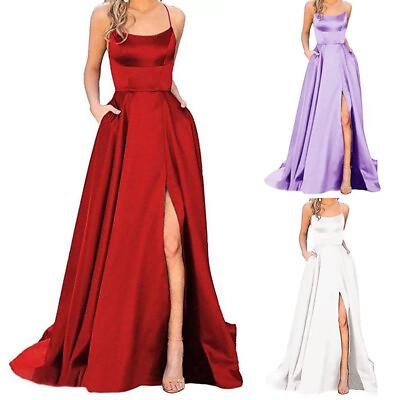 Womens Spaghetti Halter Dress Long Dresses Party Dress Crisn Satin Backless Prom $18.53