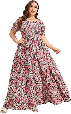 #ad MakeMeChic Women#x27;s Plus Size Boho Casual Dress Floral Short Sleeve Shirred Squar $103.26