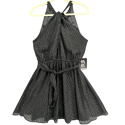 #ad Express Dress Womens M Black Sparkle Halter Fit Flare Belted Party Evening NEW $33.05