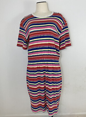 Talbots Vintage Dress XL Rainbow Stripes Elastic Waist T Shirt Dress HOLES $14.98