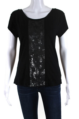 #ad Theory Womens Sequin Mesh Short Sleeve Scoop Neck Top Tee Shirt Black Petite $42.69