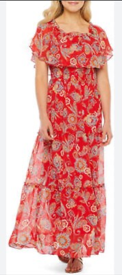 #ad Rabbit Rabbit Rabbit Off On Shoulder Boho Red Floral Maxi Dress Women#x27;s Size 8 $27.99