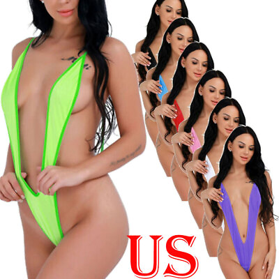 #ad US Women High Cut Thong Monokini Mini Bikini Swimsuit Backless Leotard Bodysuit $7.35