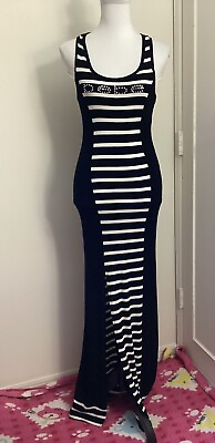 #ad BEBE Ribbed Knit Rhinestone Logo Maxi Dress Size XS Preowned $44.90