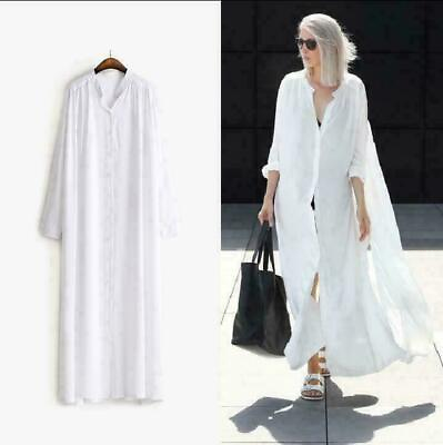 #ad #ad Womens Long Maxi Shirts Button Down Solid Dress Long Sleeve Full Length MOON $34.95