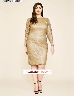 #ad NEW Tadashi Shoji Gold Plus Cocktail Dress Long Sleeve PLUS 24W NWT $319.00