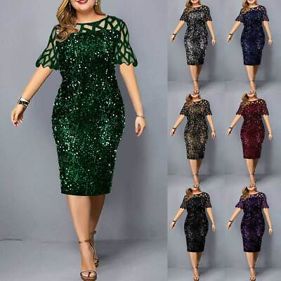 #ad Women Sequin Mesh Bodycon Cocktail Party Evening Midi Dress Ball Gown Plus Size $35.05