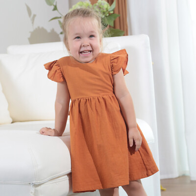 #ad Summer Girl Cotton and Linen Solid Color Cute and Elegant Bow Princess Dress $27.43
