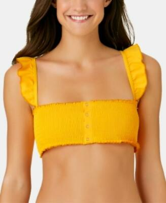 MSRP $20 California Waves Solid Smocked Ruffle Bikini Top Size S Yellow $4.59