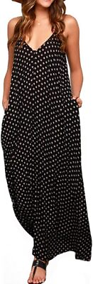 #ad LILBETTER Women V Neck Polka Dot Print Spaghetti Strap Boho Long Maxi Dresses $43.73