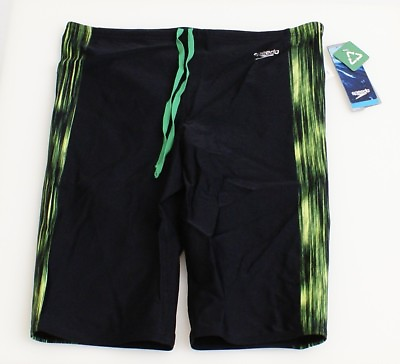 Speedo Reflecting Lights Black amp; Green Power Flex Jammer Swimsuit Men#x27;s NWT $36.74