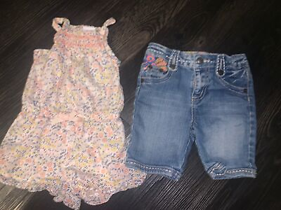 #ad 2 Summer Girl Toddler Clothes: Guess Denim Shorts Maggie amp; Zoe Romper 24M $12.80