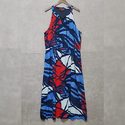 #ad Lane Bryant 28 Dress Plus Maxi Halter Lace Up Red Blue Elastic Waist Lined $32.94