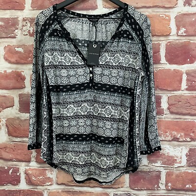 Lucky Brand Top Womens Medium Black White Boho Abstract Pullover Blouse Ladies $35.99