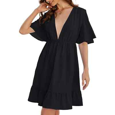 #ad #ad NIB Beach Swimsuit Cover Ups : Deep V Neck Dress Flowy Ruffle Sleeve $14.99