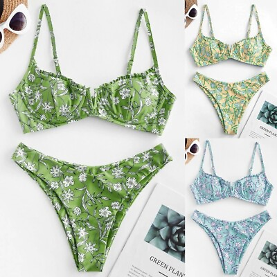 #ad Women Flower Print High Cut V Neck Two Pieces Bikini Womens Swim Bra Tops $15.55