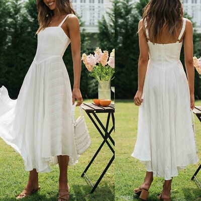 #ad Lady Elegant White Beach Dress Spaghetti Straps Bohemian Long Swing Dress $39.25