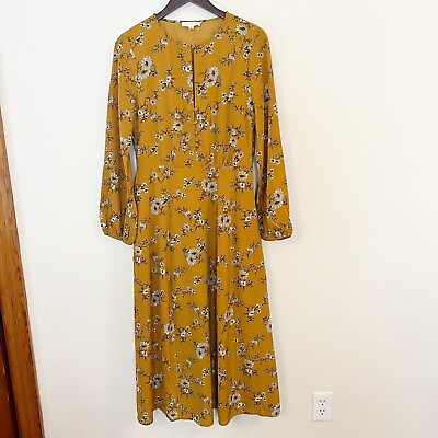 #ad Promesa Floral Maxi Dress Long Sleeve Keyhole button Front Size Large Yellow $39.99