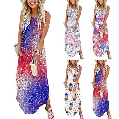 #ad Women Casual Printing Loose Sundress Long Dress Crisscross Sleeveless Split $28.47