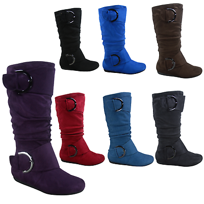 Women#x27;s Flat Heel Buckle Side Zip Wide Calf Mid Calf Round Toe Boots Shoes NEW $38.69