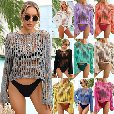 #ad Women Swimsuit Cover Up Shirt Beach Vacation Hollowed Out Knit Tops Summer New $25.08