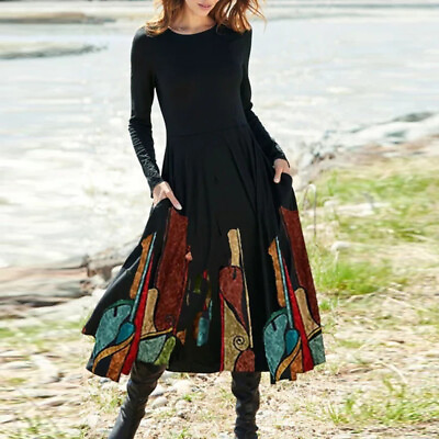 #ad #ad Midi Dress Long Sleeve Party Dress A Line Dress Swing Dresses Retro Holiday $30.55