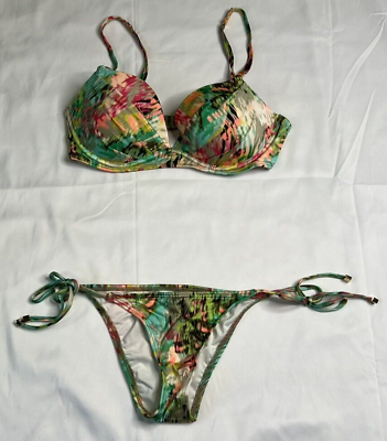 #ad Victoria#x27;s Secret The Skimpy String Bikini Set 34C Push Up Small Tropical $23.99
