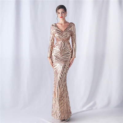 #ad Long Formal Evening Party Dress Long Sleeve Mermaid Gown Sequins Wedding $78.90