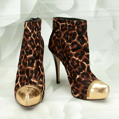 Michael Kors Womens Calf Hair Ankle Bootie Heels Size 8M Animal Brown Black Gold $46.77