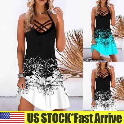 #ad Women#x27;s Floral Sleeveless Summer Sundress Ladies Holiday Beach Mini Sun Dresses $15.79
