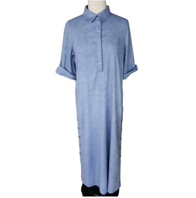#ad Chico#x27;s Womens Blue Roll Tab Sleeve Both Side Button Hem Linen Maxi Dress 16 $29.99