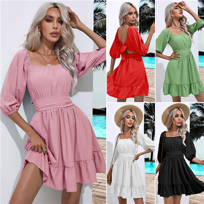 #ad Womens Mini Party Dress Backless Dresses Ruffles Swing Holiday Summer Beach Size $25.99