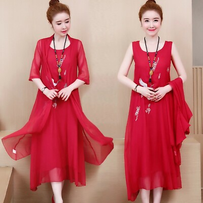 Chinese Women Ethnic Floral Long Dress Jacket 2Pcs Suit Cotton Linen Summer Size $94.79