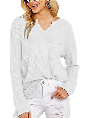 Women V Neck T Shirts for Women Waffle Knit Womens Long Sleeve Tops Casual Tuni $8.99