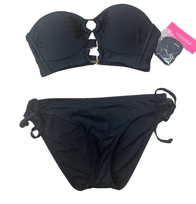 #ad 2 Piece Black Bikini Swimsuit Strapless Black Top with Rings Women#x27;s Size Small $15.30