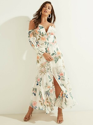#ad GUESS Lana Blooms Print Cream 3 4 Sleeve Cold Shoulder Maxi Dress Sz XS NWT $148 $52.79