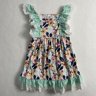 #ad Teal amp; Pink Floral Lace Trim Girl’s Dress Sz 5T 7T XL $12.99