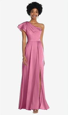 #ad Dessy Collection 3099 Draped One Shoulder Flutter Sleeve Maxi Small Pink Dress $45.00