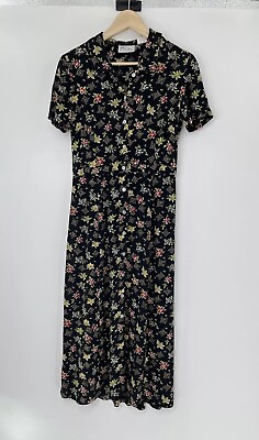 #ad Vtg Liz Claiborne Full Button Collared Modest Floral Artsy Maxi Dress Petite 4 $38.12