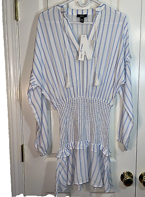 #ad Womens Spring Stripe Blue White Smocked Party Mini Dress Sz S Boho Party $15.40