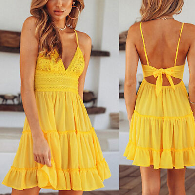 #ad Women Boho V Neck Lace Mini Dress Ladies Casual Holiday Summer Beach Sundress $16.98